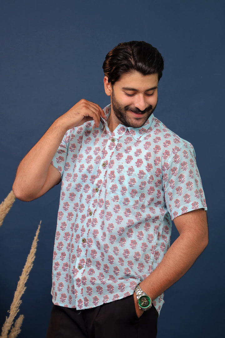 Men’s Sky Blue Floral Hand Block Printed Cotton Shirt