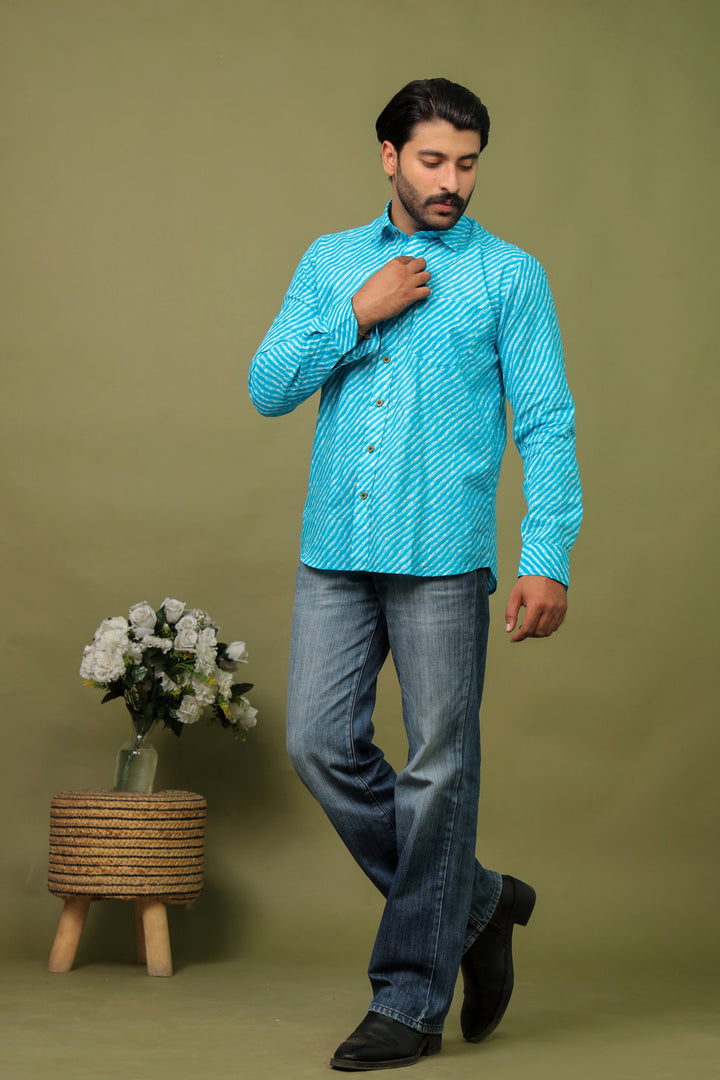 Rajasthan Lahriya Sky Blue Print Shirt – Handcrafted