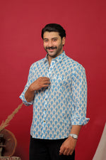 Load image into Gallery viewer, Men’s White Blue Floral Print Cotton Shirt