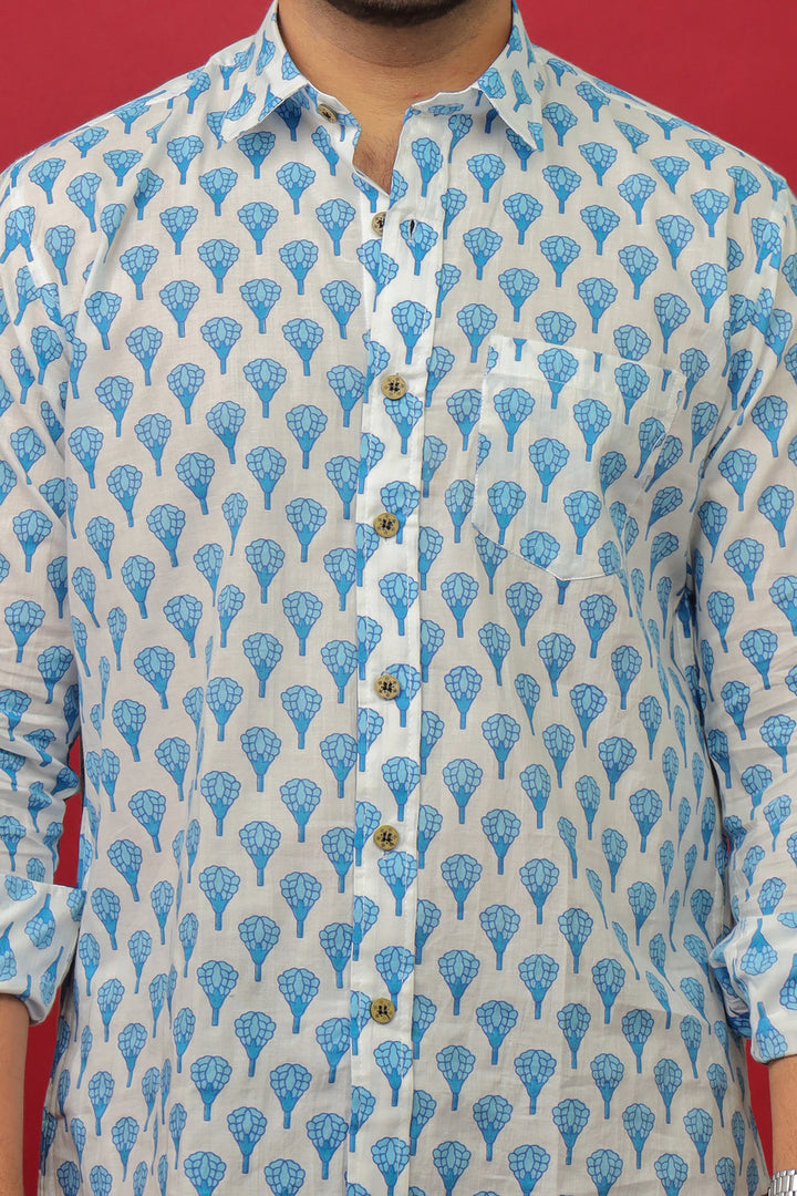 Men’s White Blue Floral Print Cotton Shirt