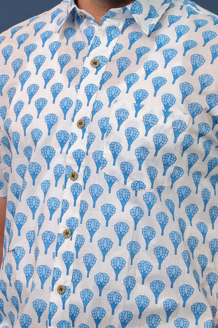 Men’s White & Blue Floral Hand Block Printed Cotton Shirt