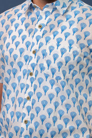 Men’s White & Blue Floral Hand Block Printed Cotton Shirt