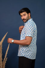 Load image into Gallery viewer, Men’s White &amp; Blue Floral Hand Block Printed Cotton Shirt