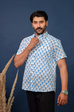 Load image into Gallery viewer, Men’s White &amp; Blue Floral Hand Block Printed Cotton Shirt