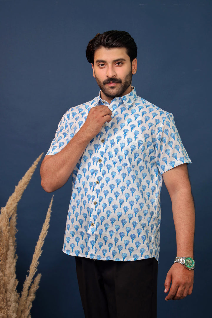 Men’s White & Blue Floral Hand Block Printed Cotton Shirt
