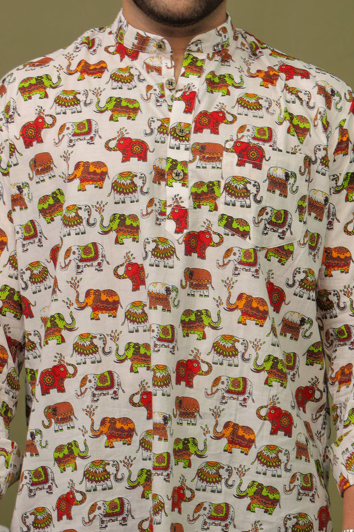 Men’s White Elephant Printed Kurta