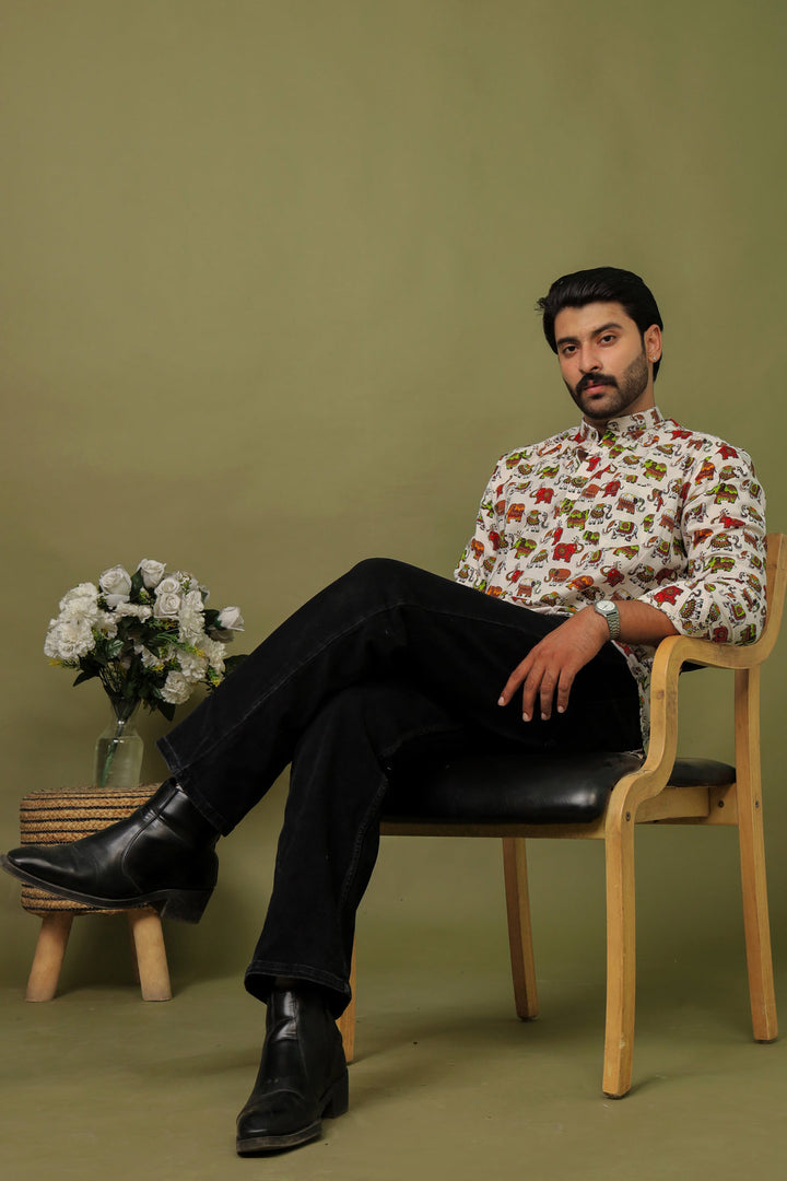 Men’s White Elephant Printed Kurta