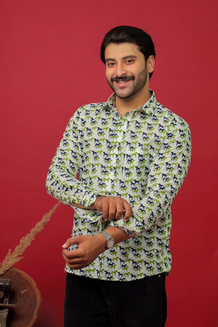 Sanganeri Horses Printed Shirt - White