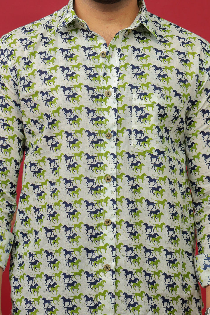 Sanganeri Horses Printed Shirt - White