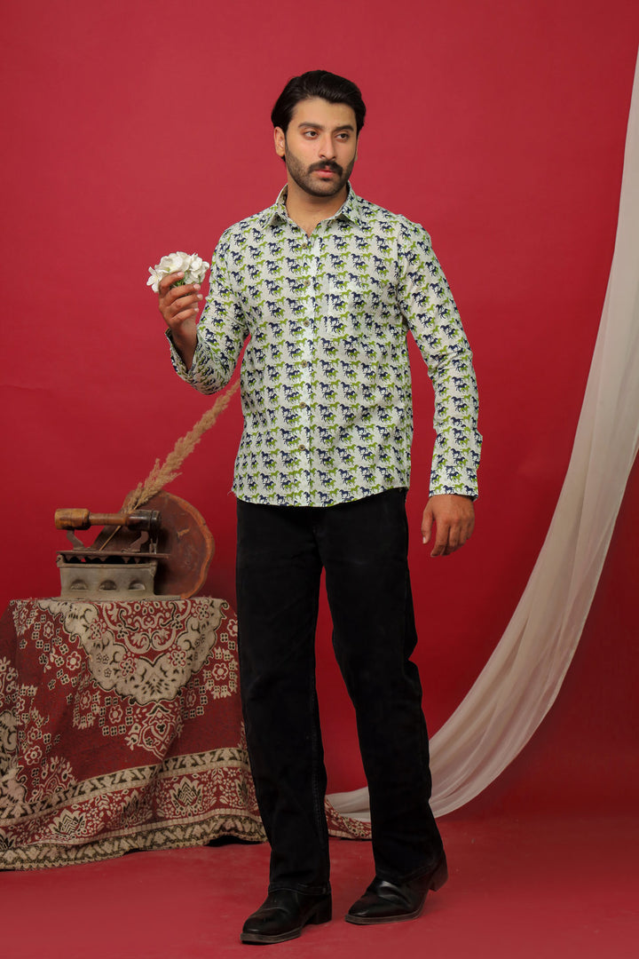 Sanganeri Horses Printed Shirt - White
