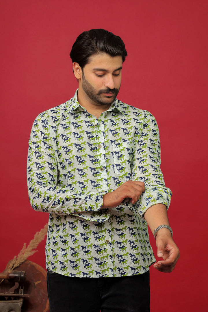 Sanganeri Horses Printed Shirt - White