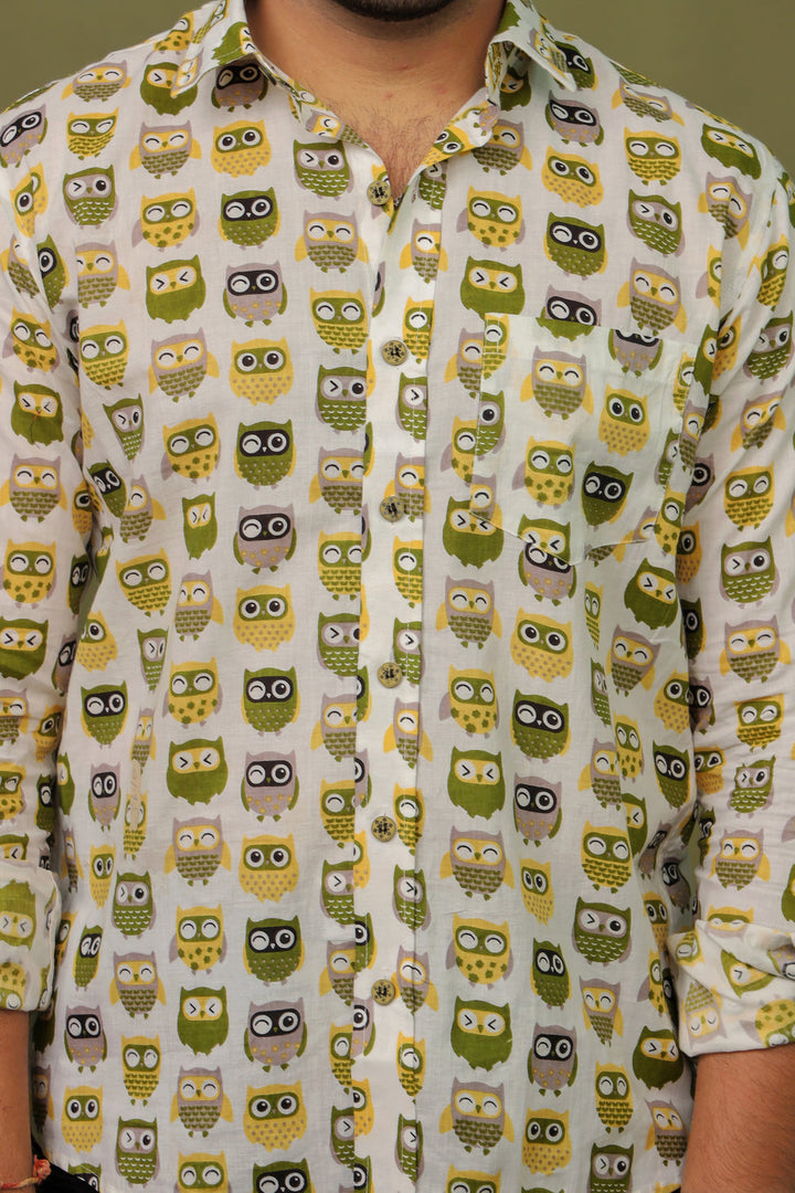 White Owl Pattern Printed Shirt for Men – Premium Cotton