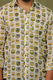 White Owl Pattern Printed Shirt for Men – Premium Cotton