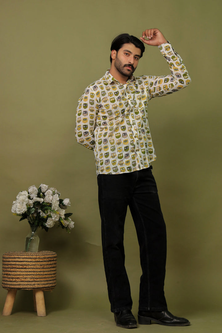 White Owl Pattern Printed Shirt for Men – Premium Cotton