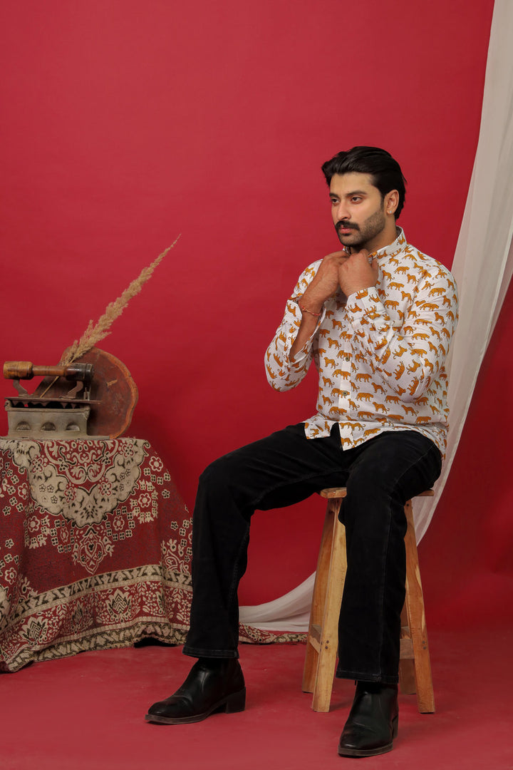 Cheetah Walk Shirt  White Handblock Jungle Print | Rangat Jaipur