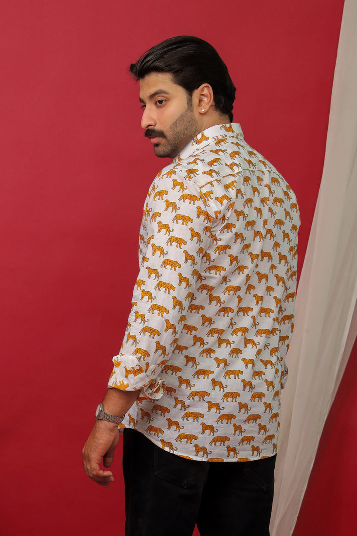 Cheetah Walk Shirt  White Handblock Jungle Print | Rangat Jaipur