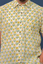 Load image into Gallery viewer, Men’s Yellow Floral Hand Block Printed Cotton Shirt – Sanganeri Print by Rangat Jaipur