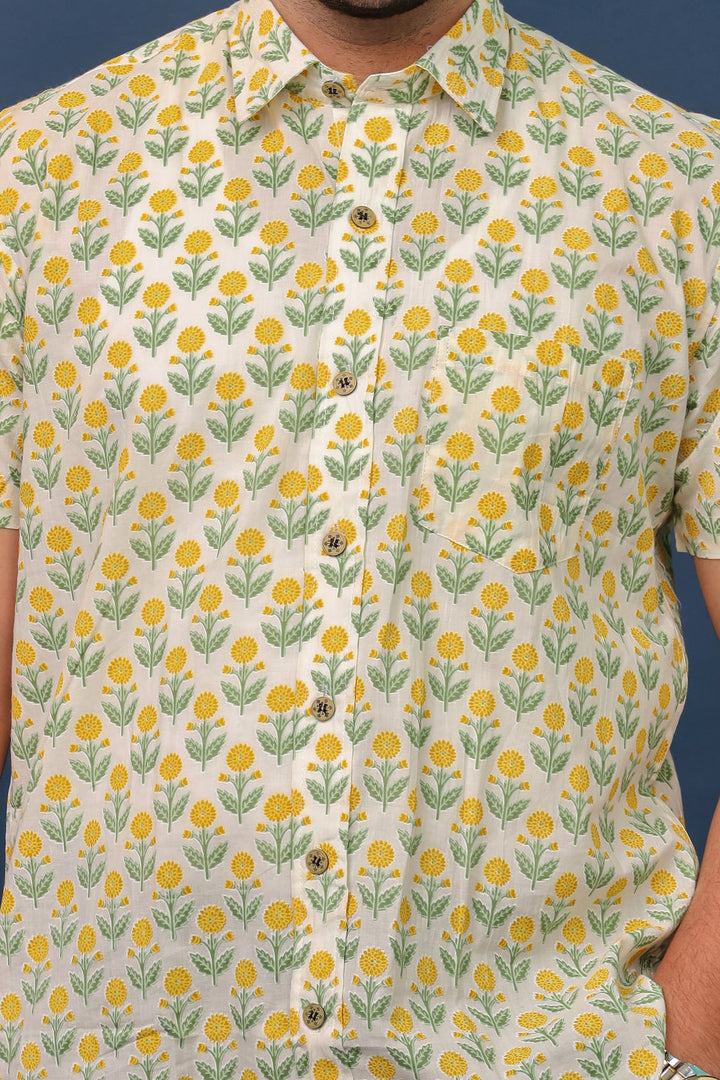 Men’s Yellow Floral Hand Block Printed Cotton Shirt – Sanganeri Print by Rangat Jaipur