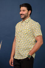 Load image into Gallery viewer, Men’s Yellow Floral Hand Block Printed Cotton Shirt – Sanganeri Print by Rangat Jaipur