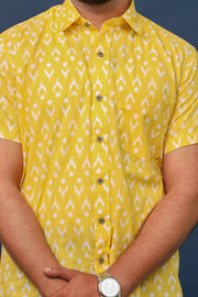 Men’s Yellow Ikat Print Cotton Shirt – Handcrafted Ethnic Casual Shirt by Rangat Jaipur
