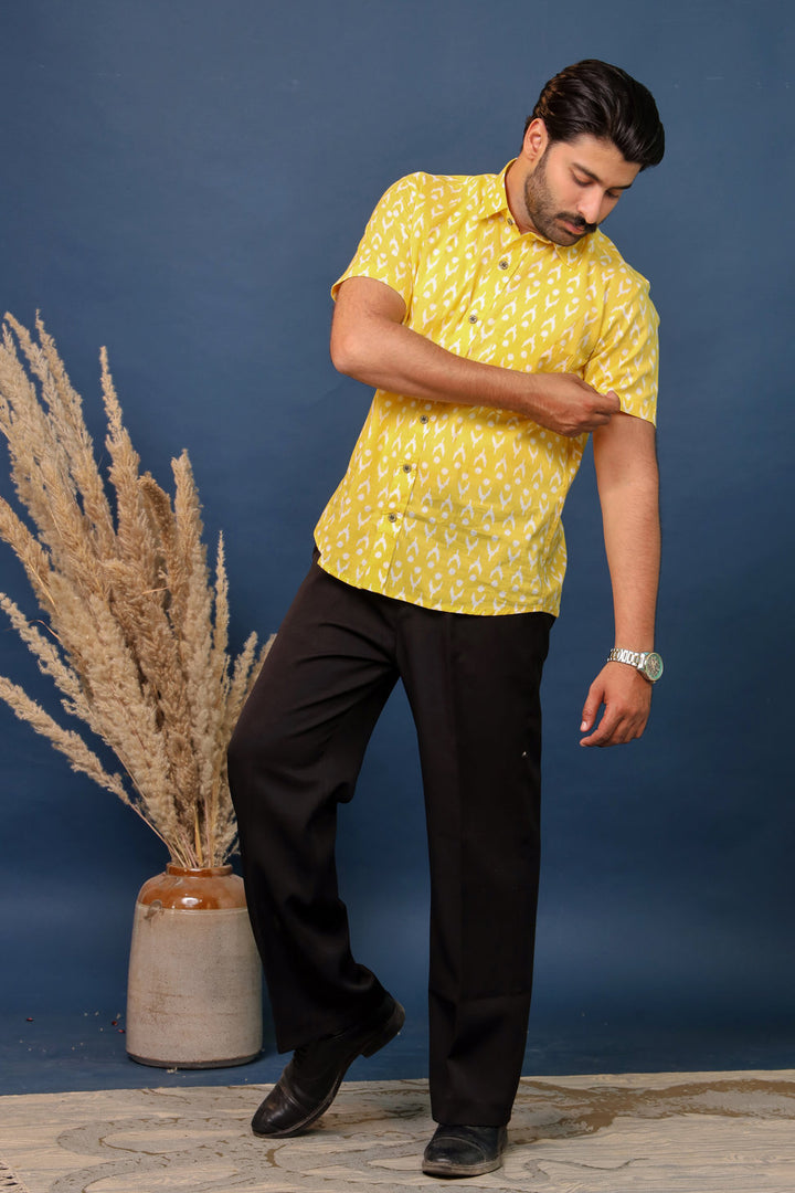 Men’s Yellow Ikat Print Cotton Shirt