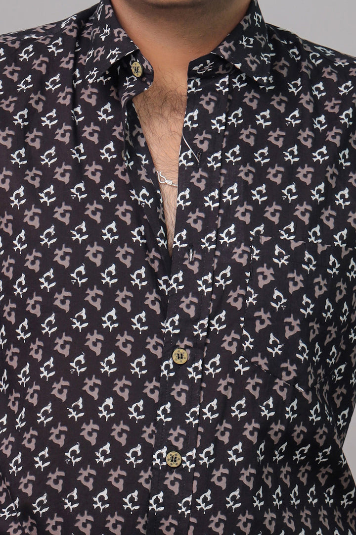 Handcrafted black Ajrakh print cotton shirt for men by Rangat Jaipur