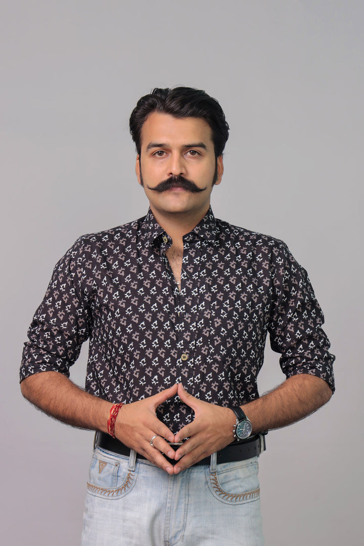 Handcrafted Black Ajrakh Print Cotton Shirt for Men | Rangat Jaipur
