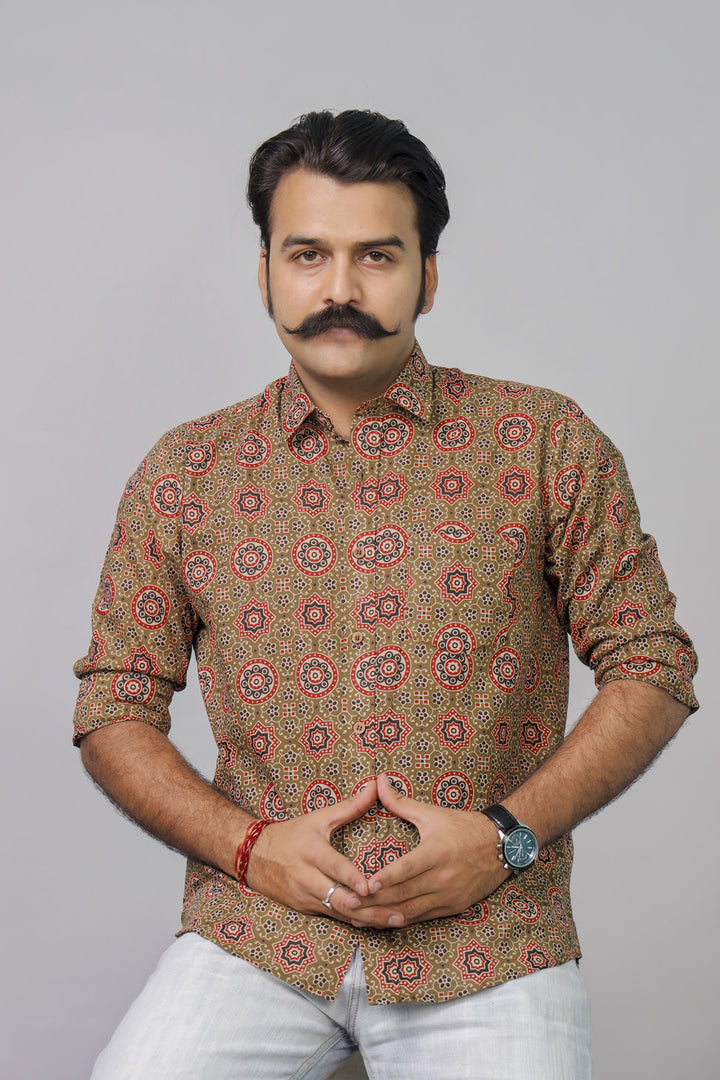 Men’s brown ethnic geometric print cotton shirt by Rangat Jaipur