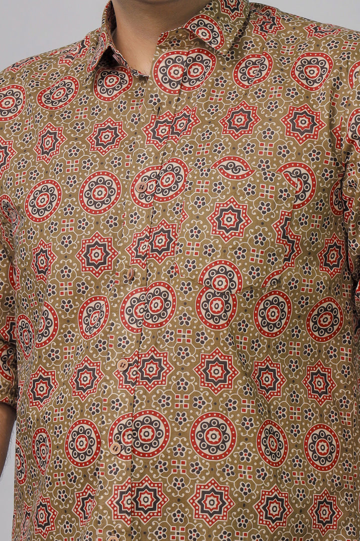 Rangat Jaipur Brown Ajrakh Print Cotton Shirt for Men – Premium Casual Wear