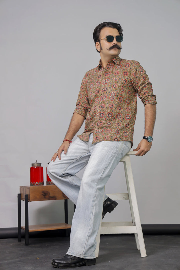 Rangat Jaipur Brown Ajrakh Print Cotton Shirt for Men – Premium Casual Wear