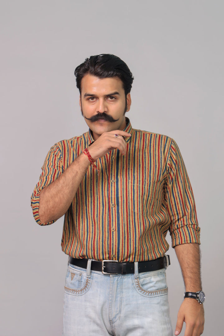 Rangat Jaipur Multicolor Sanganeri Striped Cotton Shirt for Men