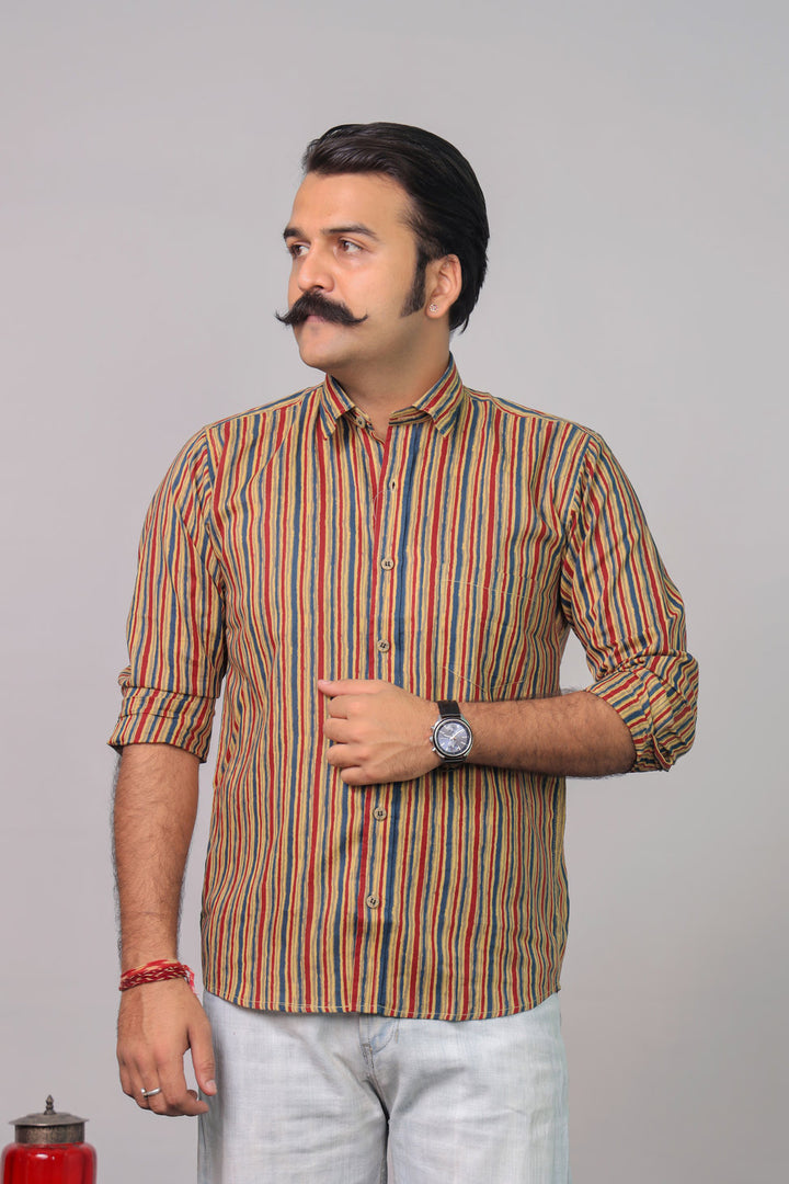 Rangat Jaipur Multicolor Sanganeri Striped Cotton Shirt for Men