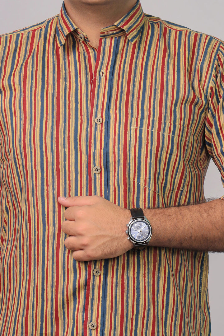 Rangat Jaipur Multicolor Sanganeri Striped Cotton Shirt for Men