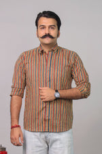 Load image into Gallery viewer, Multicolor Sanganeri striped cotton shirt for men by Rangat Jaipur