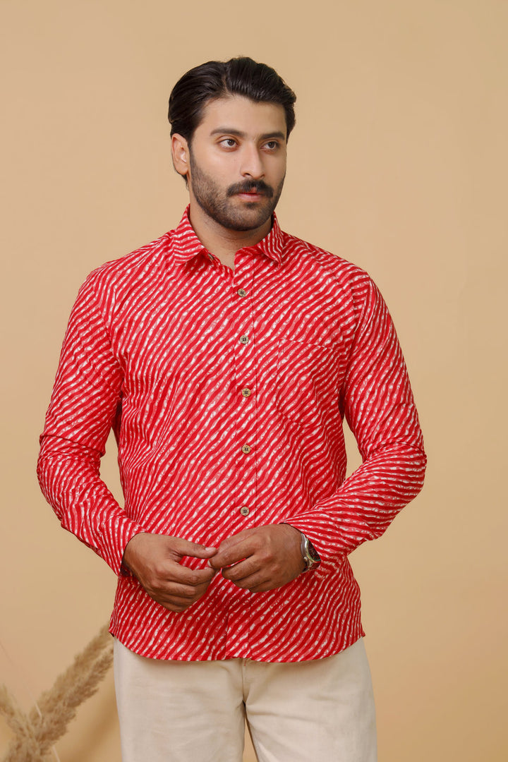 Handcrafted Rajasthan Lahriya red print shirt by Rangat Jaipur
