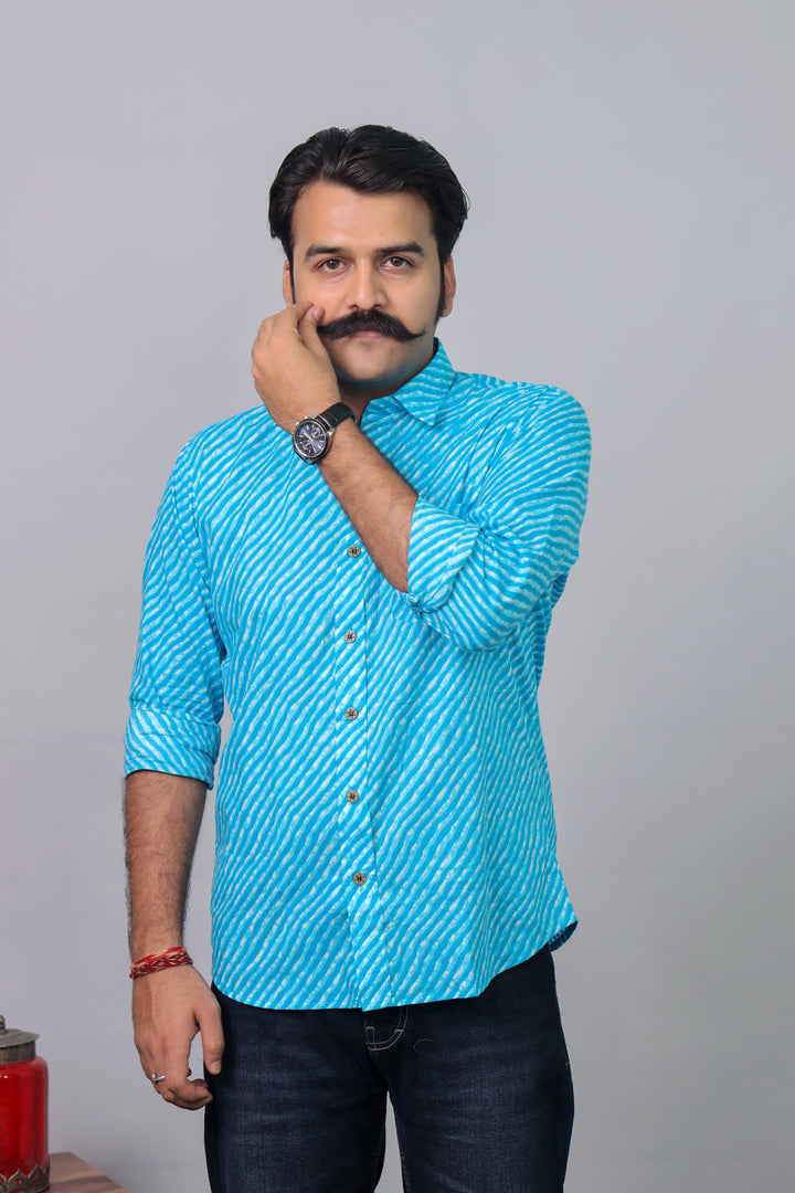 Handcrafted Rajasthan Lahriya sky blue print shirt by Rangat Jaipur
