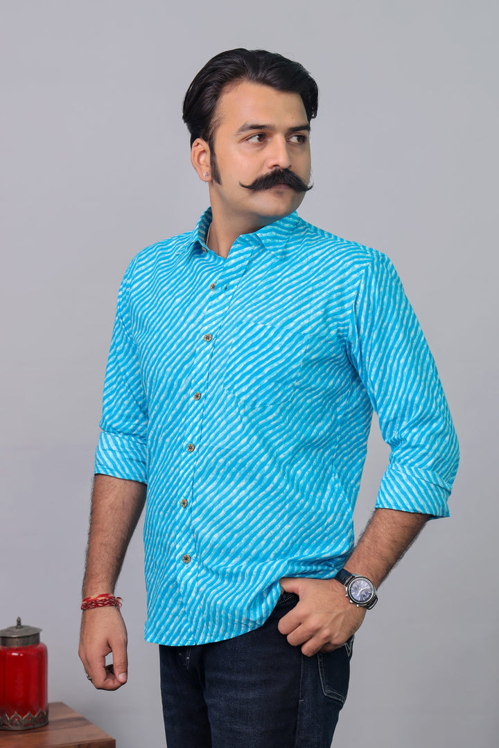 Rajasthan Lahriya Sky Blue Print Shirt – Handcrafted