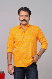 Traditional Haldi color Bandhani motif shirt for men by Rangat Jaipur