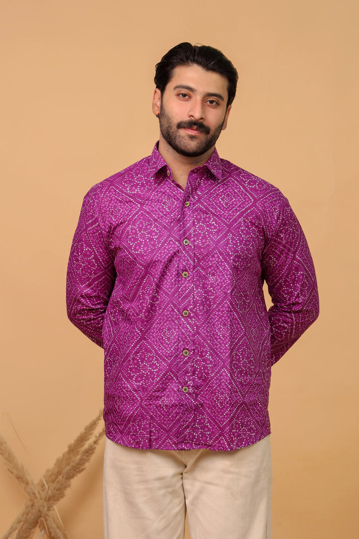 Traditional purple Bandhani motif shirt for men by Rangat Jaipur