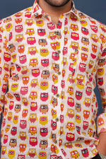 Load image into Gallery viewer, Closeup of colorful owl print on cotton Sanganeri shirt