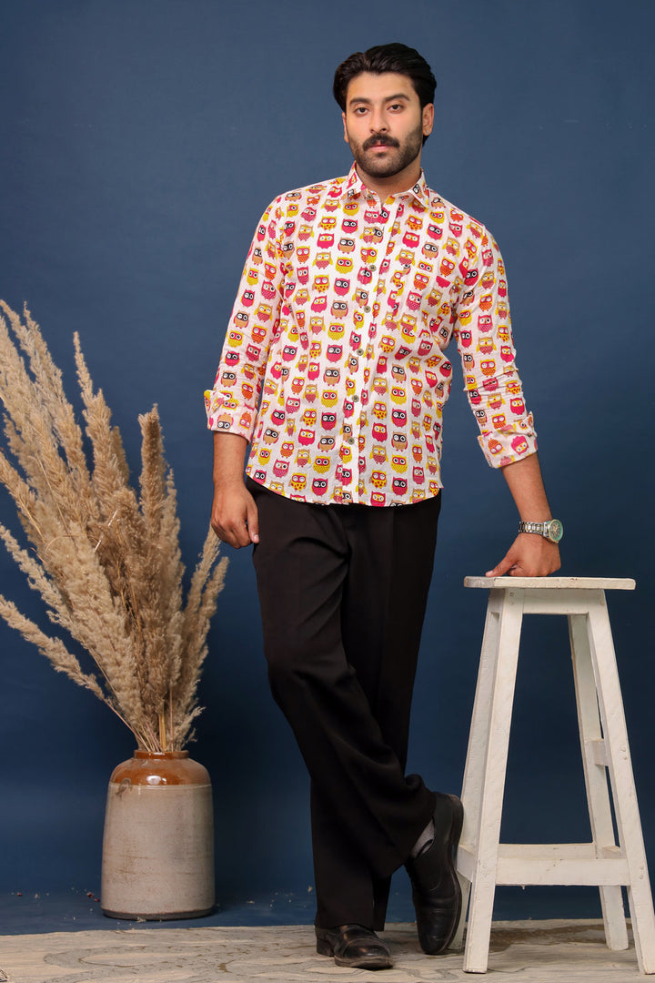 Sanganeri White Shirt - Colorful Owls Print