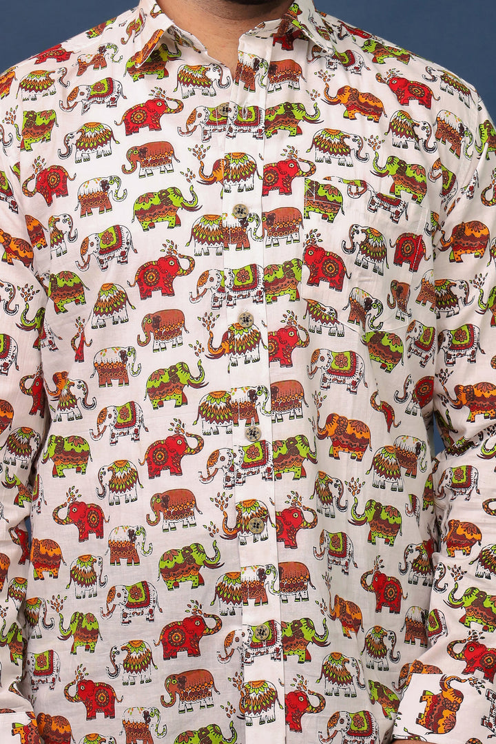 White Cotton Shirt with Colorful Elephant Print for Men