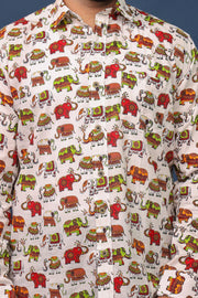 White Cotton Shirt with Colorful Elephant Print for Men