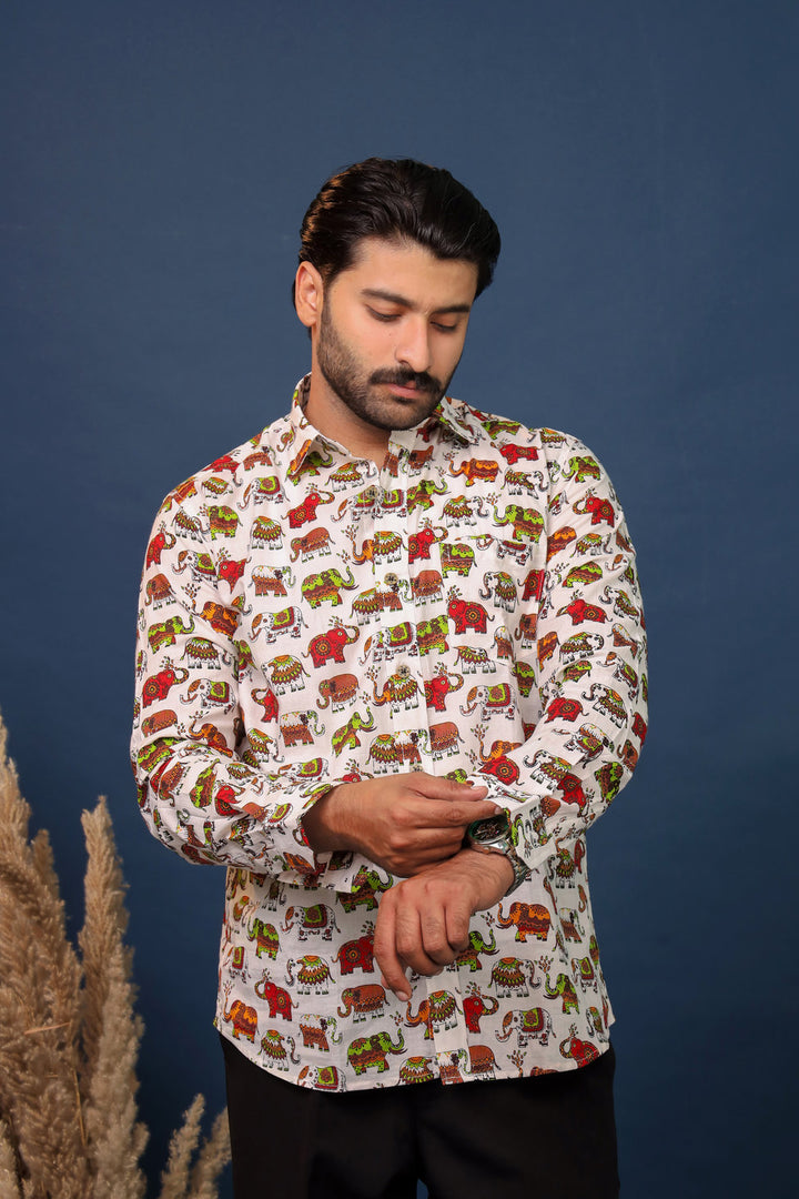 White Cotton Shirt with Colorful Elephant Print for Men