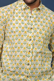 Yellow Floral Sanganeri Print Cotton Shirt for Men